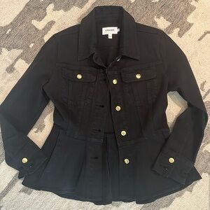 Frame black denim women's Jacket with gold accents and peplum. Great style!